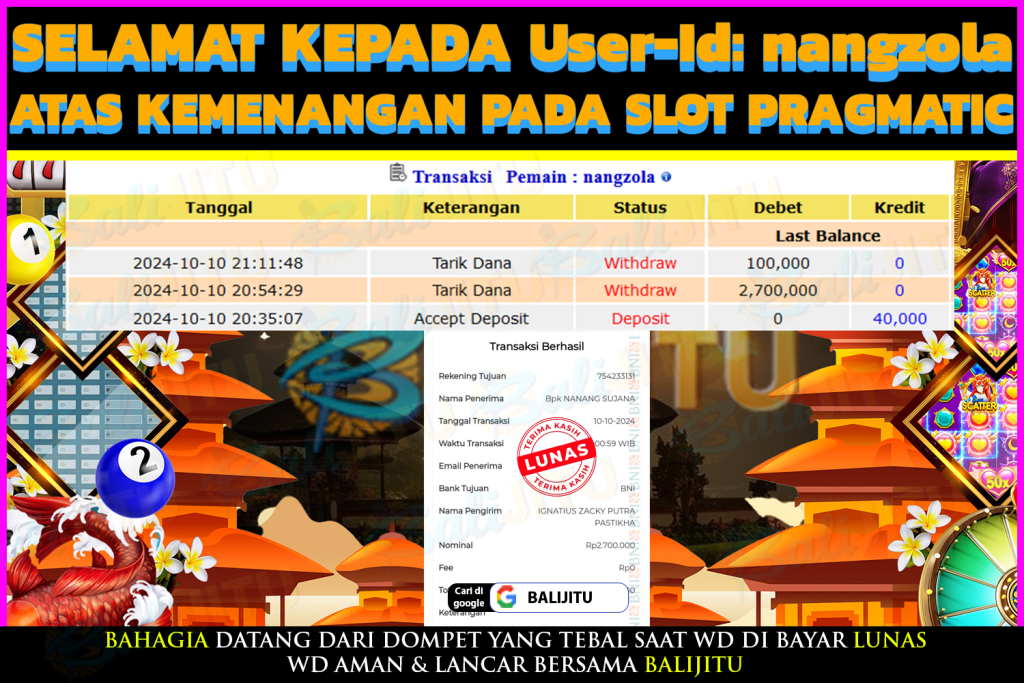 BUKTI MENANG MEMBER BALIJITU 23/10/2024