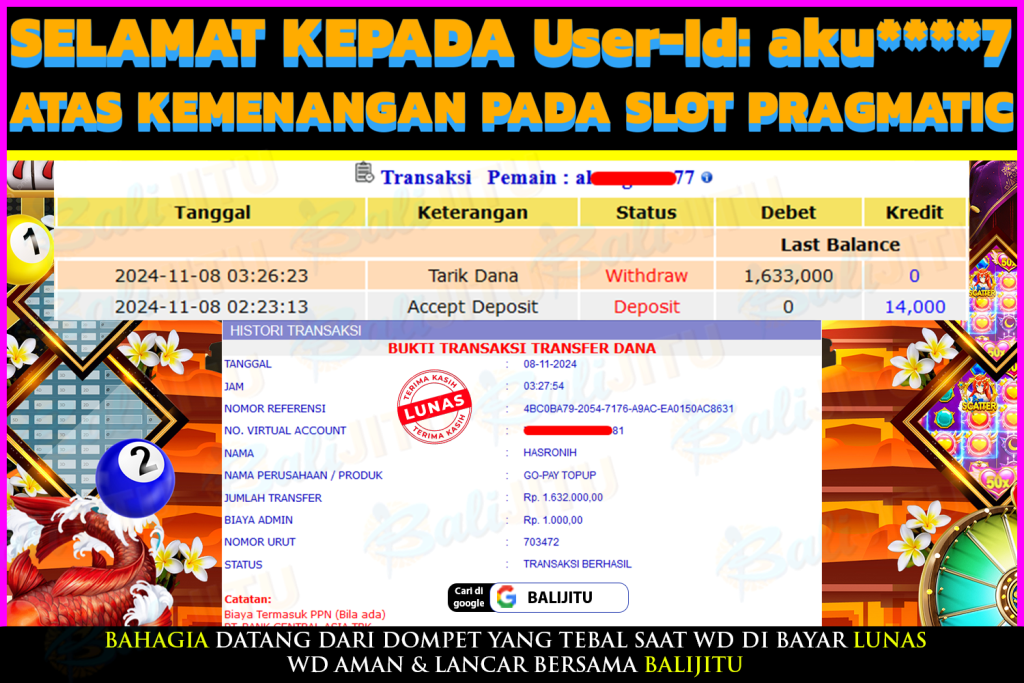 BUKTI MENANG MEMBER BALIJITU 10/11/2024