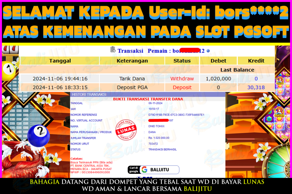 BUKTI MENANG MEMBER BALIJITU 08/11/2024